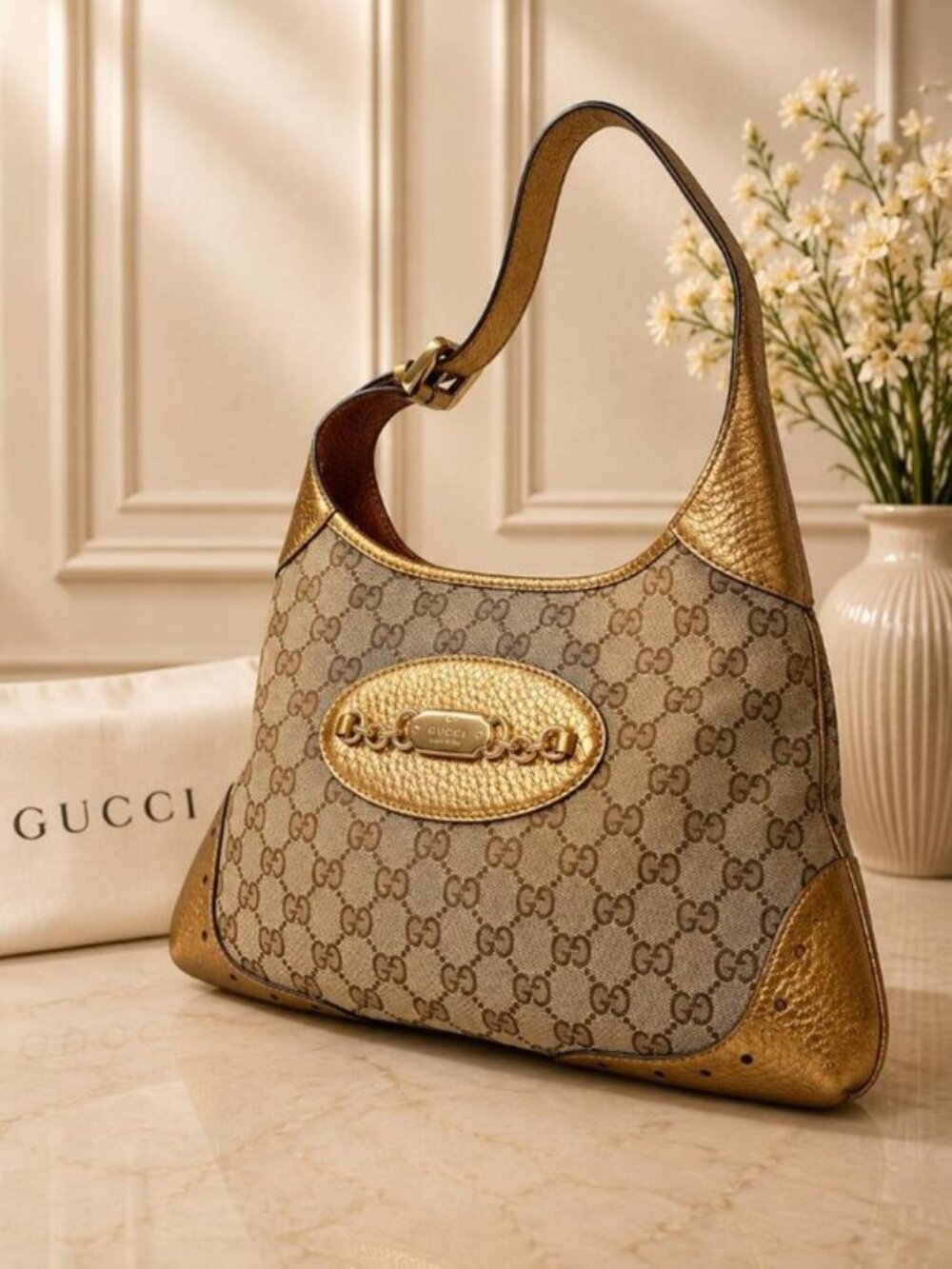 Authentic Gucci GG Canvas Horsebit Hobo Shoulder Bag Metallic Leather